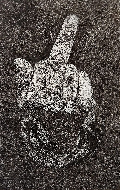 Pen and ink stippling of a hand with the index finger raised, by Elle Rosen.