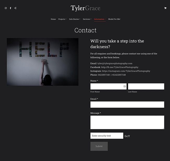 Strona kontaktowa fotografa artystycznego Tylera Grace