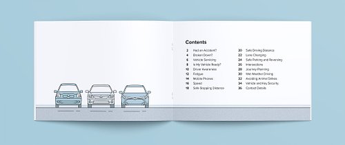 Double-page spread of the booklet showing an illustration of three fleet vehicles parked side by side on the left page and a contents page listing 18 sections on the right.
