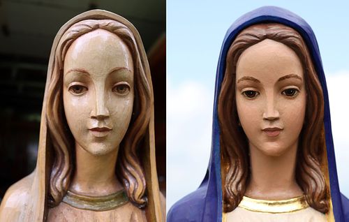Before and after pictures of a beautiful restoration of a statue of the Blessed Mother at St. Bernadette Catholic Church in Lancaster, Ohio