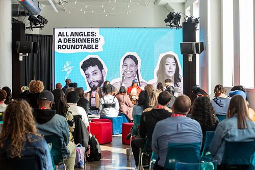 Creative leaders speak on stage during the All Angles: A Designers’ Roundtable session at B.PHL Fest 2023 in Philadelphia.