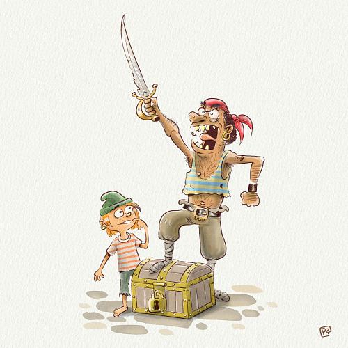 illustratie in aquarelle van stoere zeerover en een schakist. Naast hem staat een kleine jonge lachend naar hem te staren