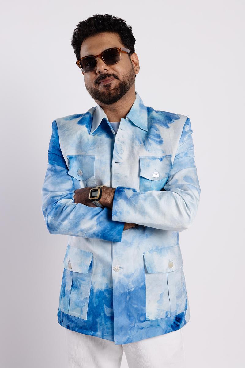 Linen Satin Safari Blazer - Summer Sky