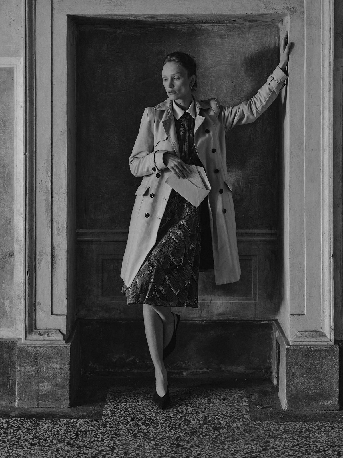 Black and white full body fine art portrait of Laura from Letters from Mom series, inspired by Julio Cortázar, by Gabriel Matula.