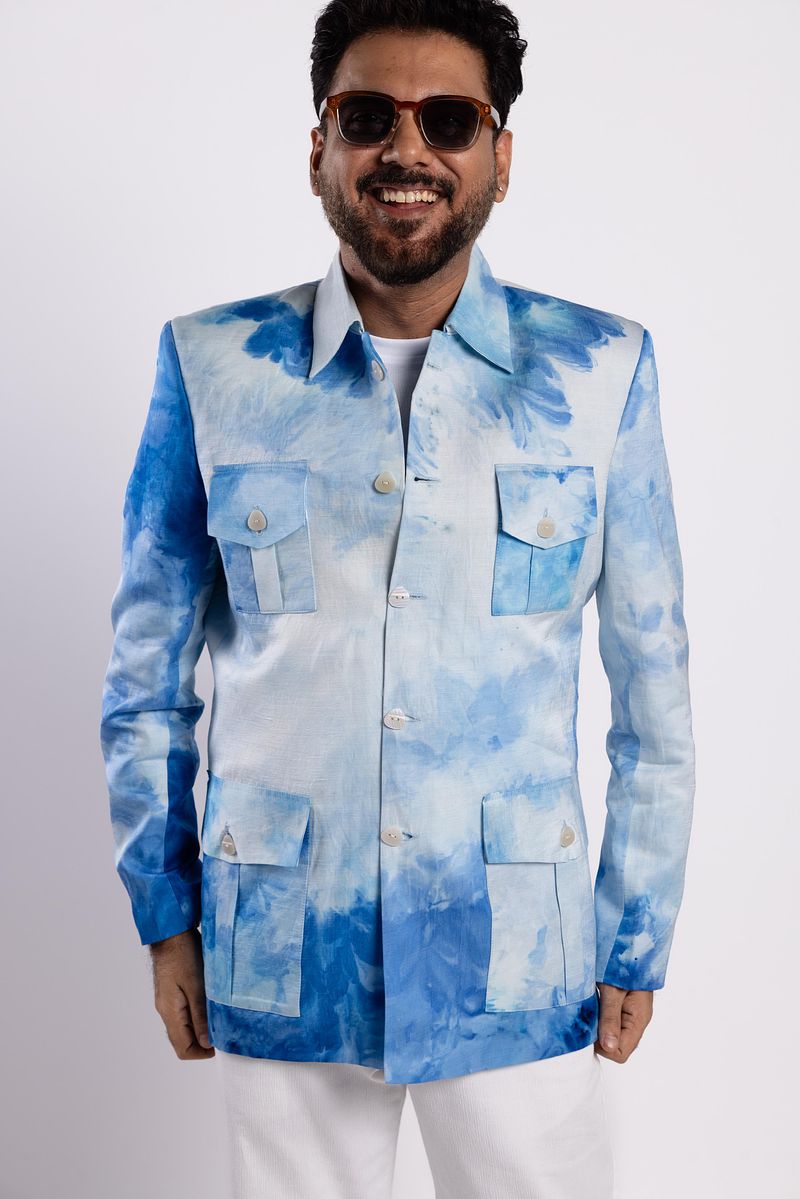 Linen Satin Spread Collar Blazer Summer Sky (Blue)