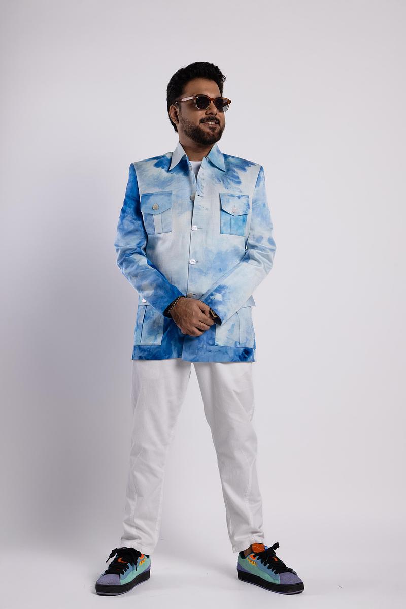 Linen Satin Safari Blazer - Summer Sky