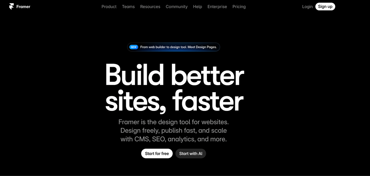 Schermafbeelding van de startpagina van Framer