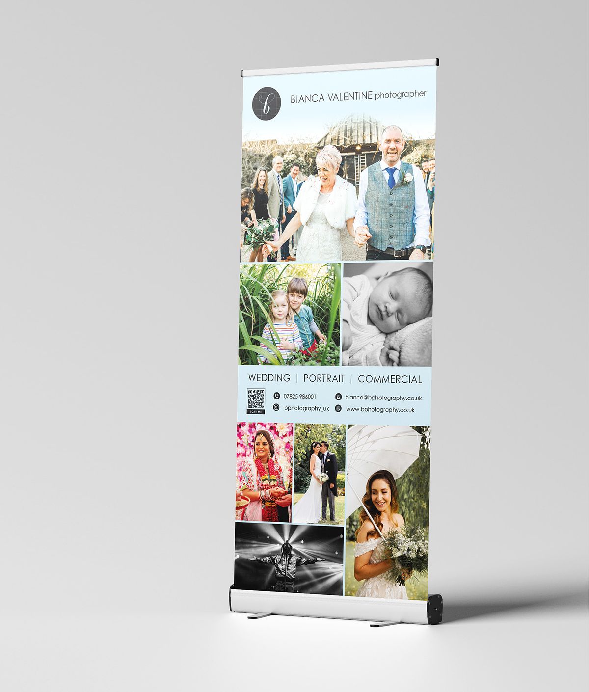 Photographers exhibition panel with photos of weddings and children