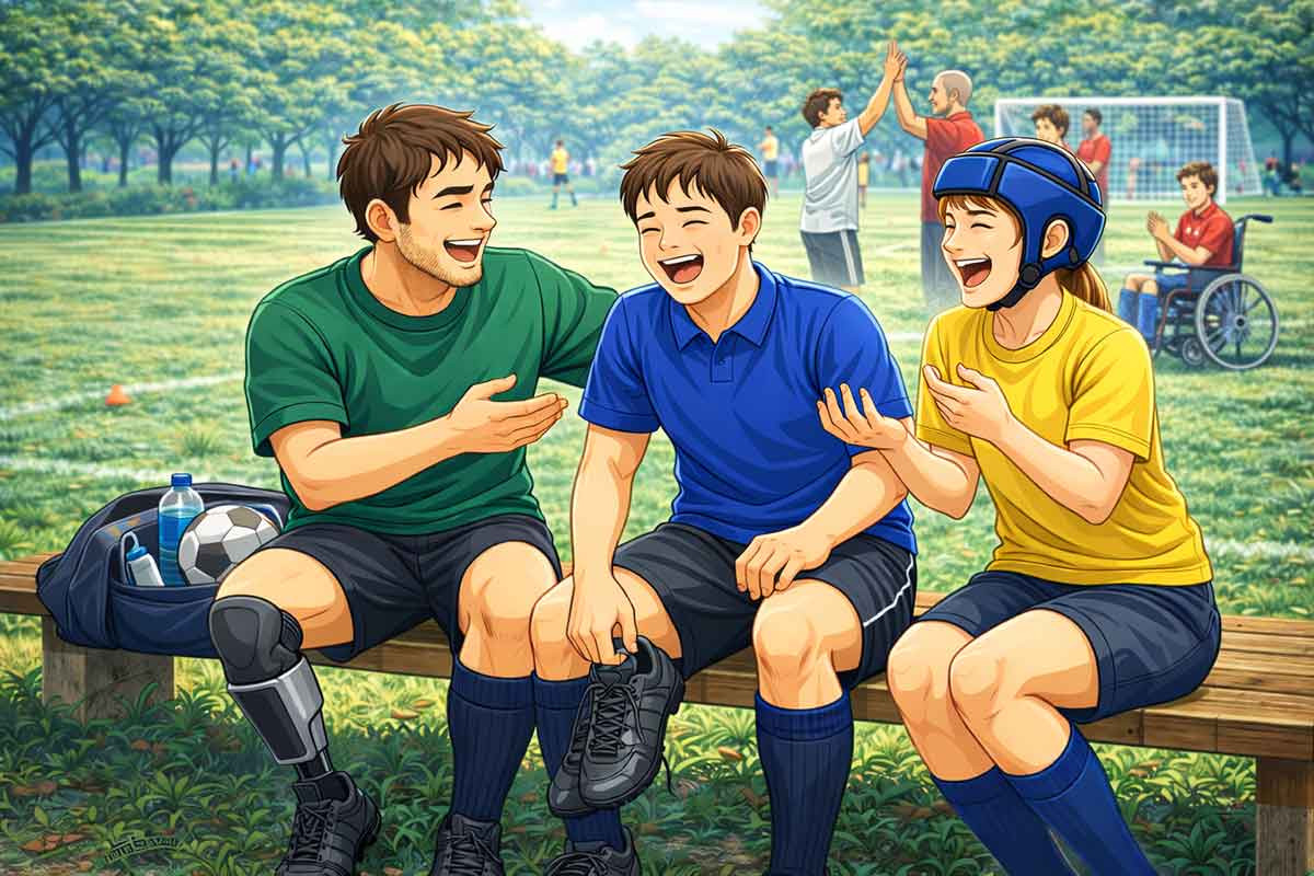 Drei Spieler sitzen nebeneinander auf einer Bank, lachen und unterhalten sich entspannt, während im Hintergrund inklusiver Fußball gespielt wird.