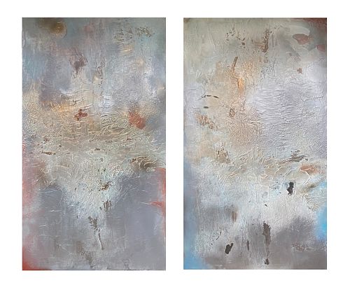 Modern 2-panel abstract diptych by Sha Re, textured  silver gray wall art for luxury living room interiors and hotel lobbies