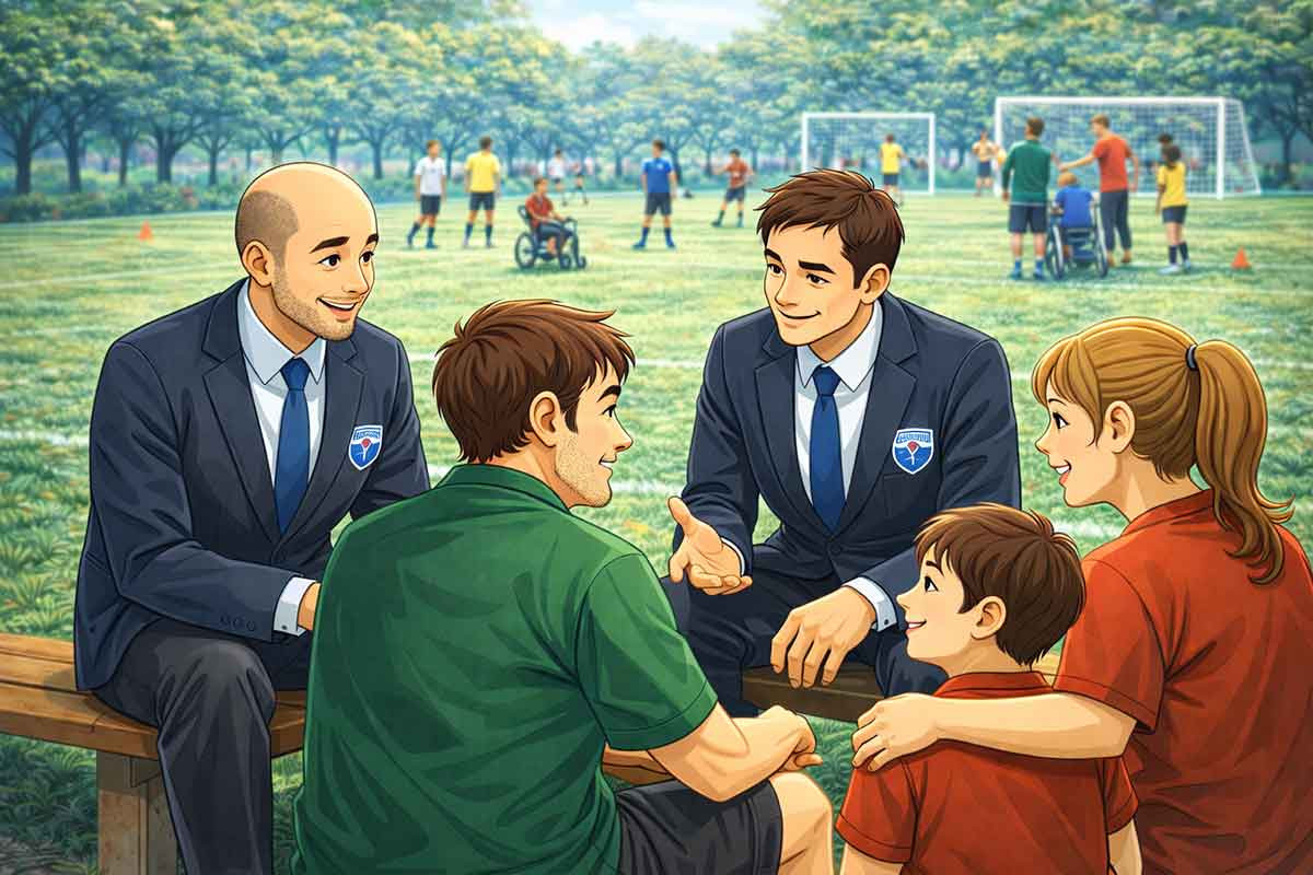 Trainer und Vereinsverantwortliche sitzen mit Eltern und einem Kind auf einer Bank am Spielfeldrand und führen ein offenes Gespräch, während im Hintergrund inklusives Training stattfindet.
