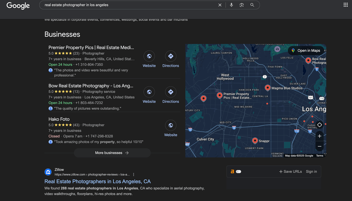 Google search result for real estate photographer in Los Angeles