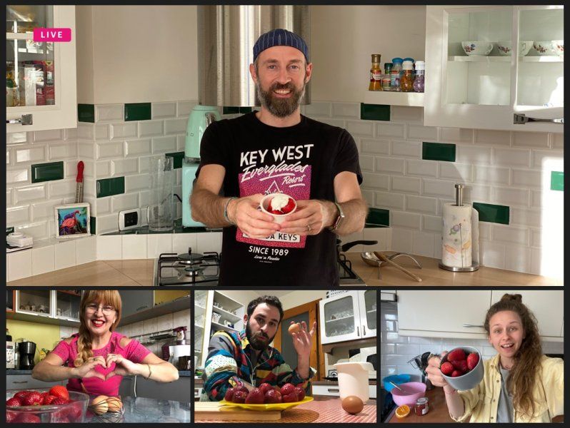 A split screen that showcases 4 people cooking together virtually from 4 different places.