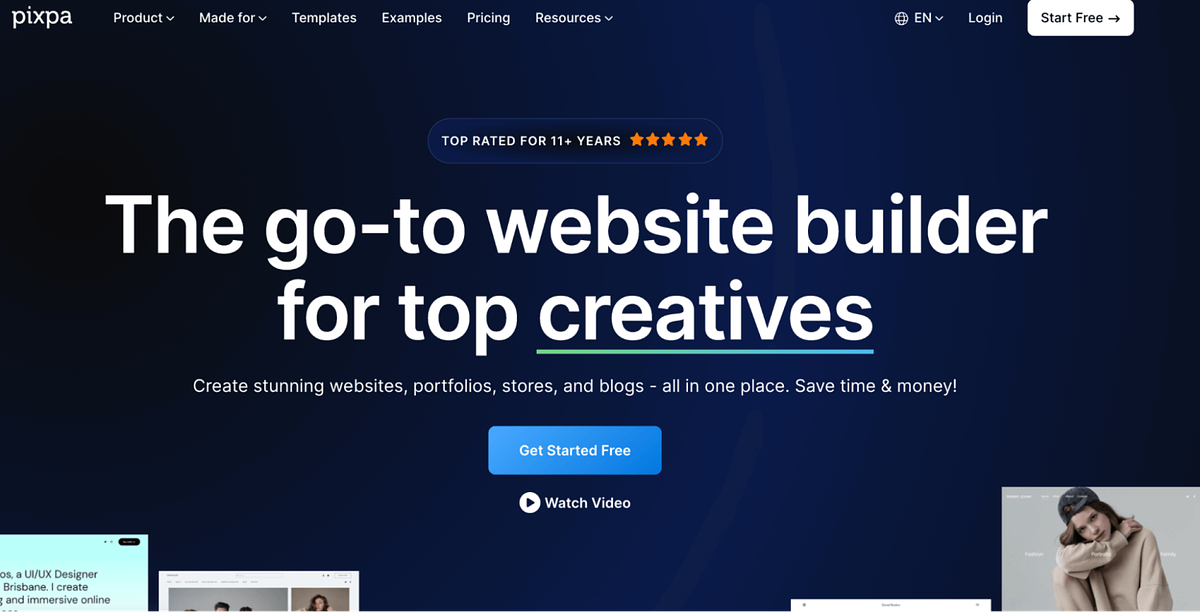 Screenshot of Pixpa's homepage