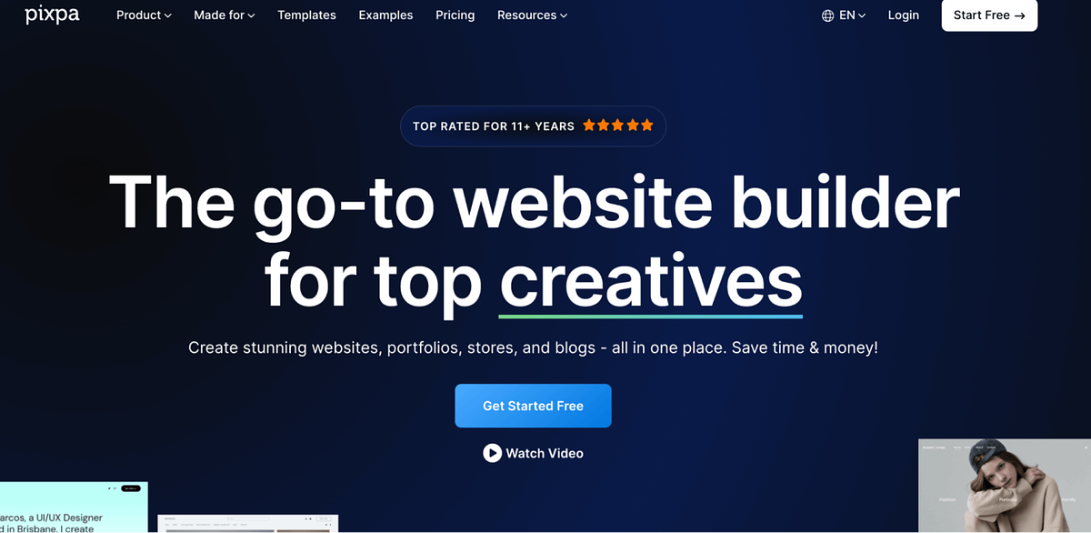 Homepage of Pixpa