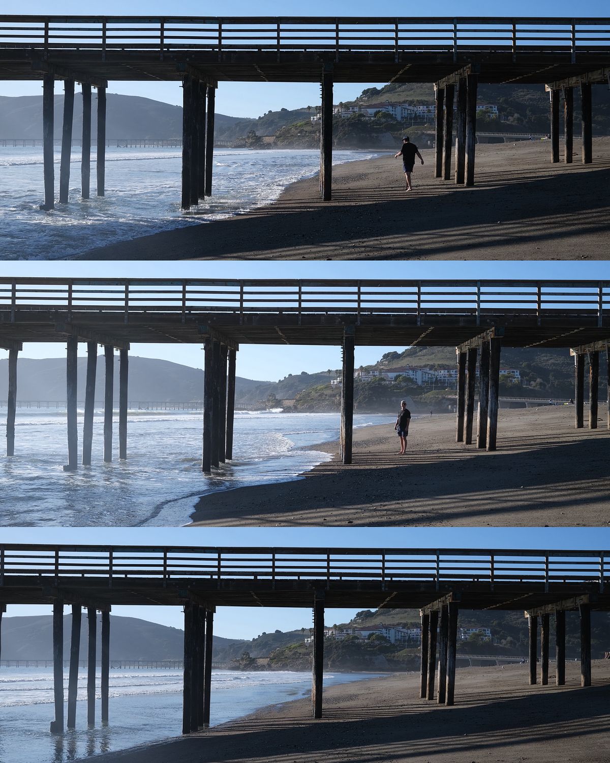 Collage of a man walking away under a pier in Avila beach