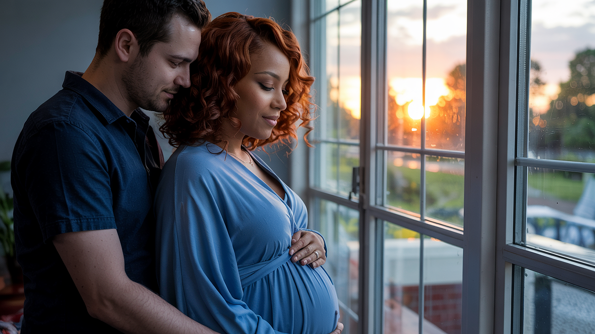 Pregnant woman posing in natural light with a flowing maternity gown.