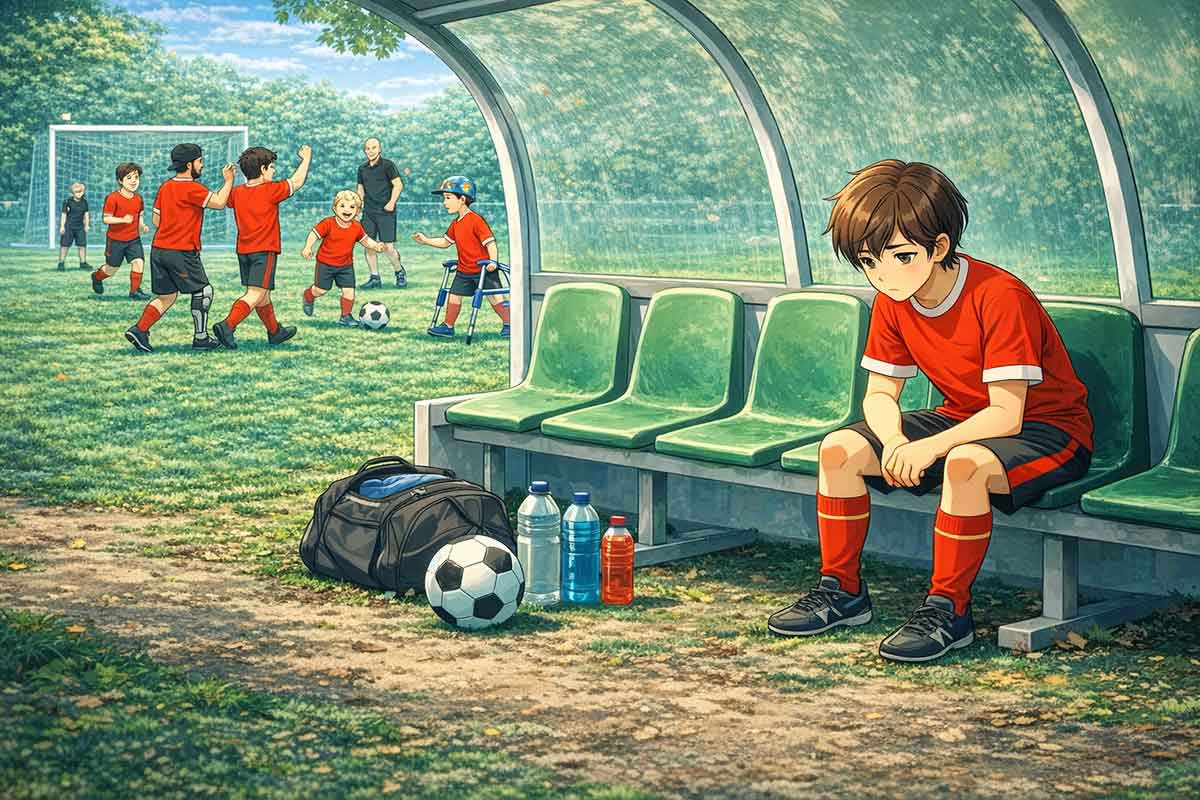 Ein Junge im Fußballtrikot sitzt nachdenklich und isoliert auf der Ersatzbank, während im Hintergrund eine Gruppe Kinder aktiv zusammen spielt – ein Bild für unbeabsichtigte Ausgrenzung trotz guter Absichten.