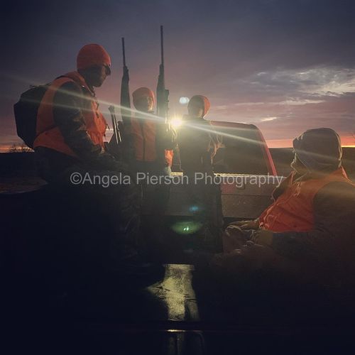 A group of hunters in the back of a truck at morning light holding their shot guns