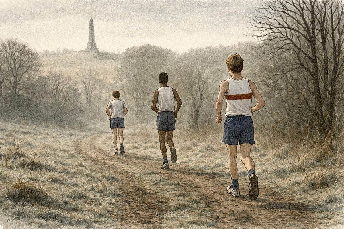 Illustration of Martin Lincoln Potter and friends running up Wellington Monument in Somerset, UK