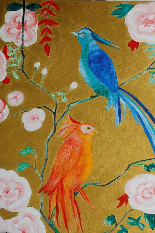 A Blue and Orange Bird on a White/Pink Rose Tree