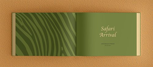 Double-page chapter opening spread of the photobook featuring a green-toned zebra print vector pattern on the left page and the title &lsquo;Safari Arrival&rsquo; in a beige decorative font on a plain grass green background on the right.