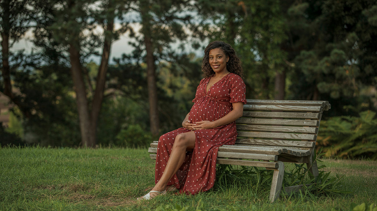 Pregnant woman posing in natural light with a flowing maternity gown.