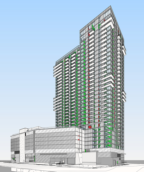 3D architectural model of a high-rise mixed-use building created in Revit, showing residential towers and commercial podium