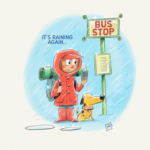 illustratie kinderboek van meisje met hond in de regen. Wachtend op een bus.