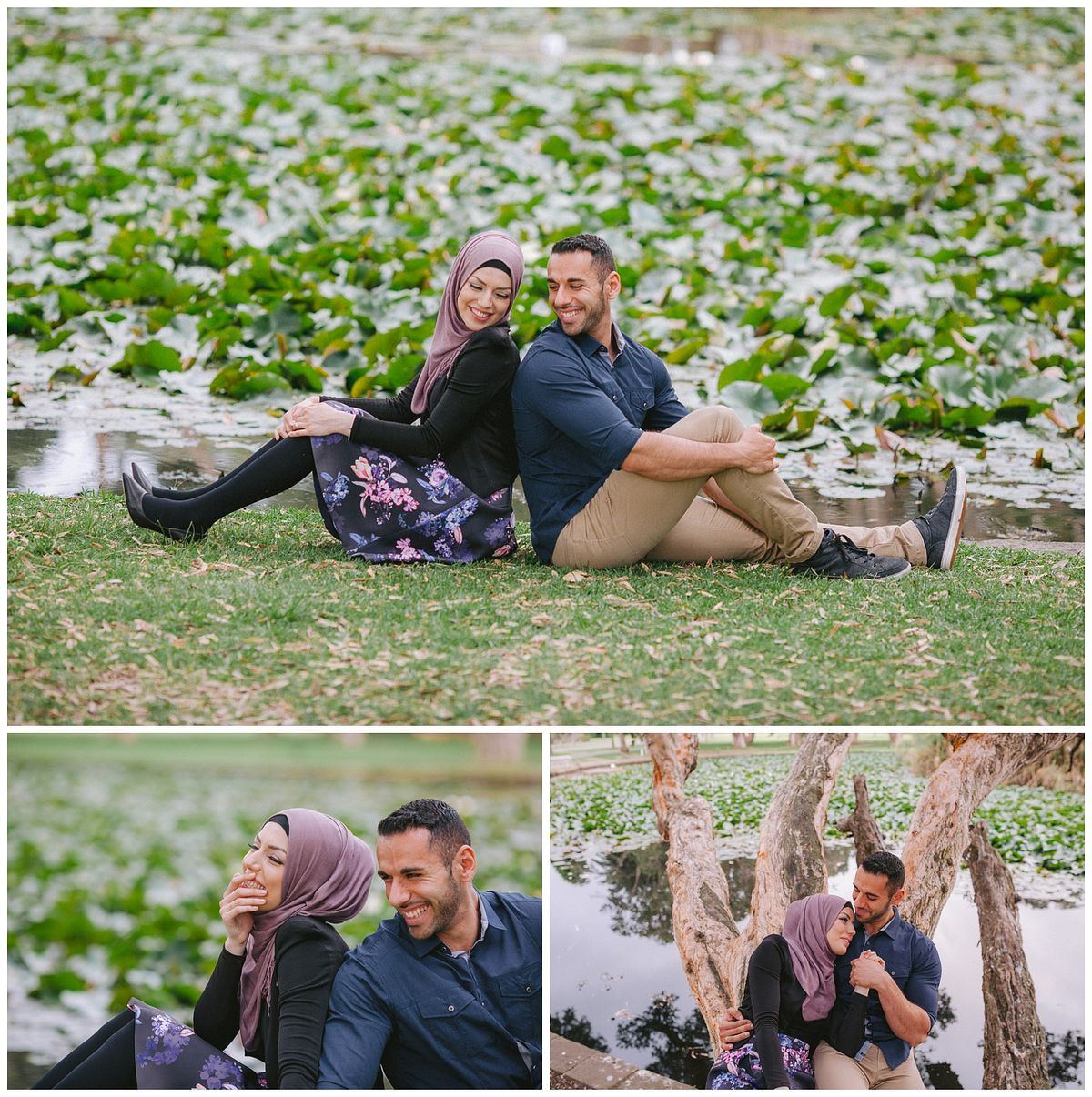 Engagement photography capturing a couple sharing a joyful moment together at Duck Pond, Centennial Park