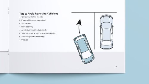 Page of the booklet showing guidance on avoiding reversing collisions when parking, with an illustration from above of a fleet vehicle reversing into a parking space beside another vehicle.