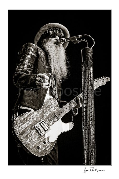 Billy Gibbons ZZ Top Live Concert Print  Vertical black and white image of Billy Gibbons of ZZ Top performing live on stage with a Telecaster guitar, singing beside a tall textured microphone stand in his signature hat, dark glasses, and long beard