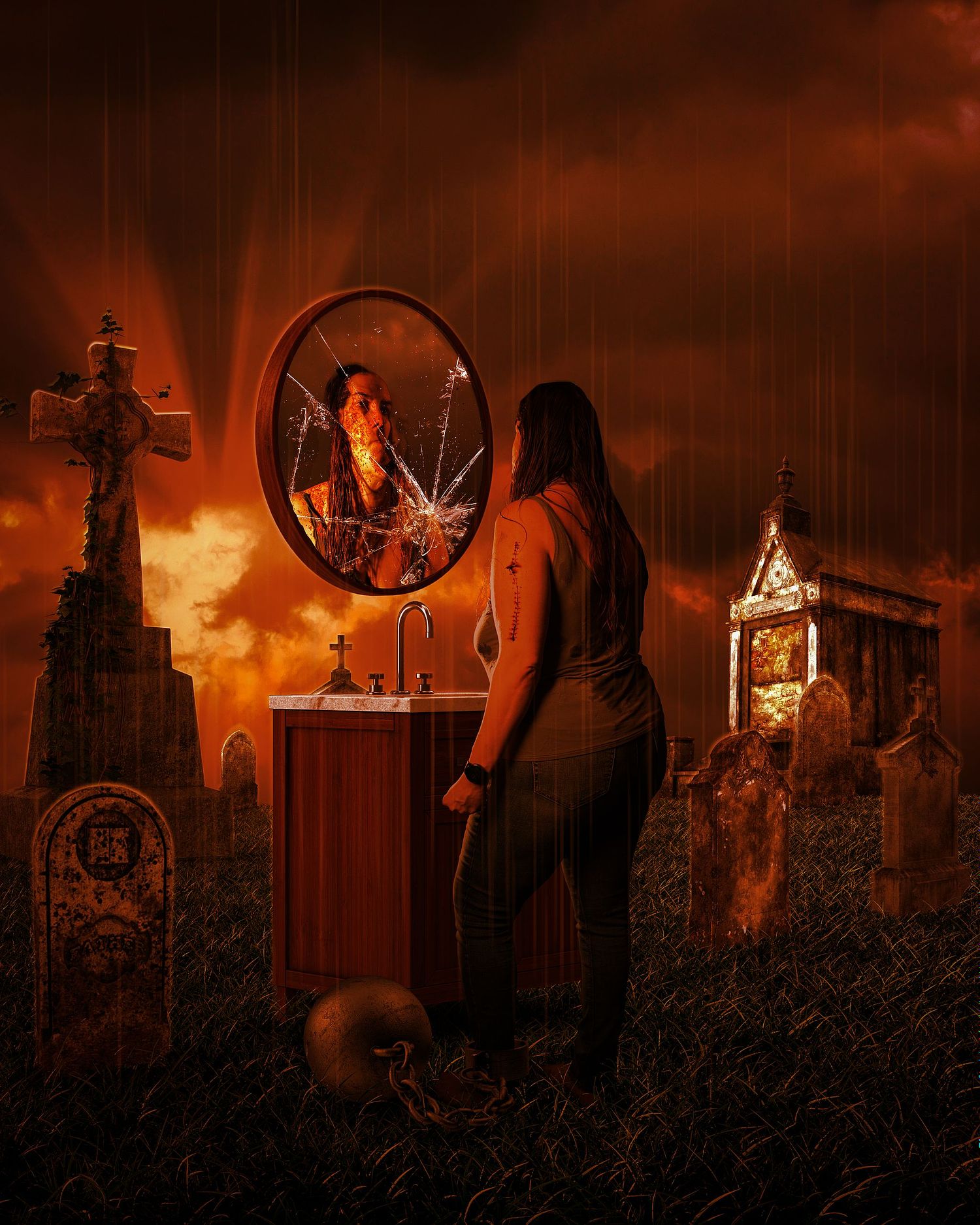 A rusty scene of a woman looking at herself in vanity amongst gravestones dragging a ball and chain.