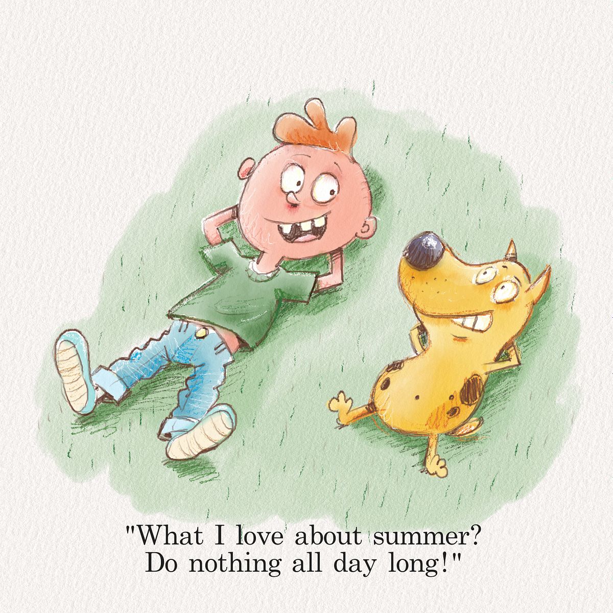 cartoon over lekker lui liggen in de zon tijdens vakantie.