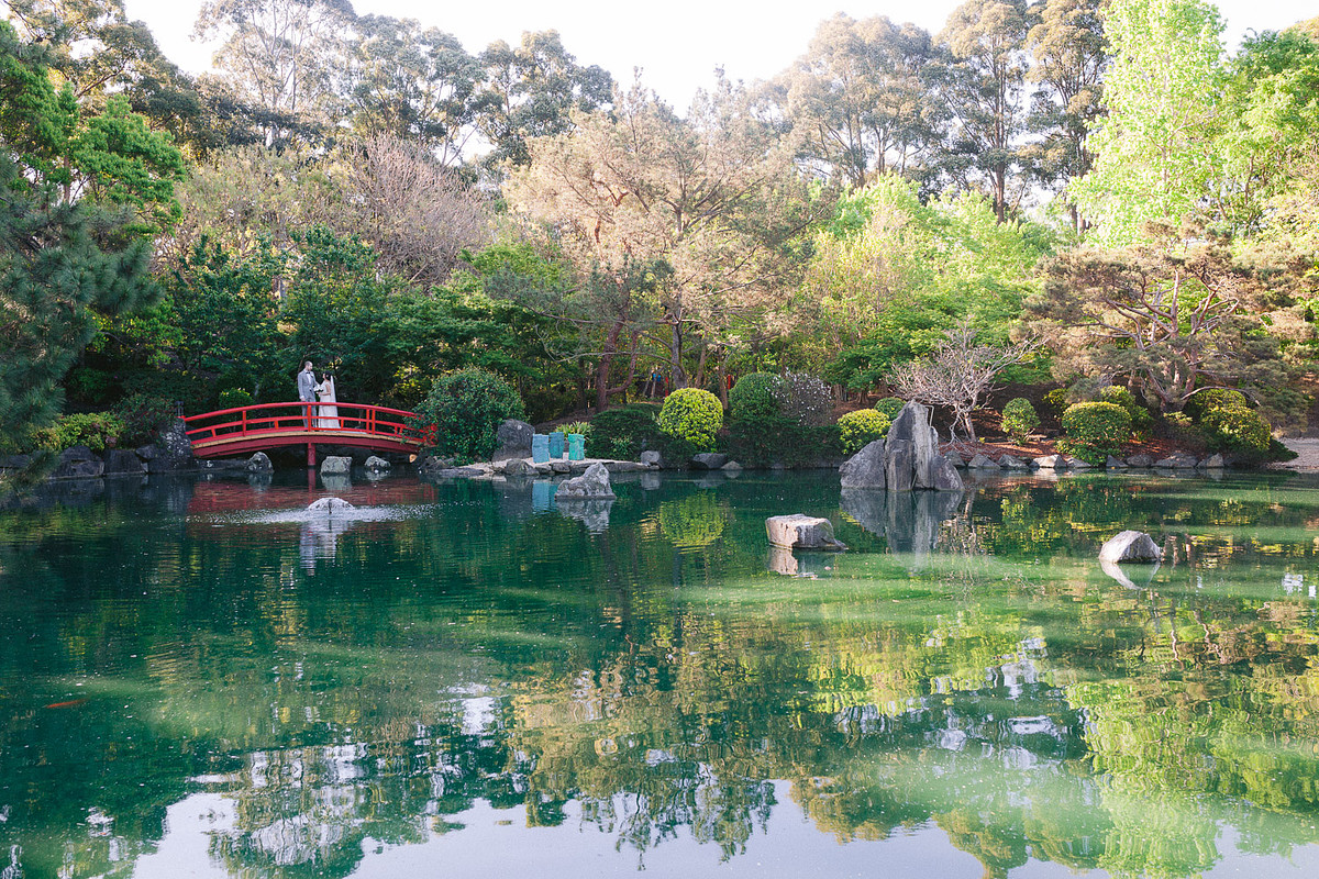 A candid wedding photo of the bride and groom on a bridge at Japanese Garden Auburn Botanic Gardens.