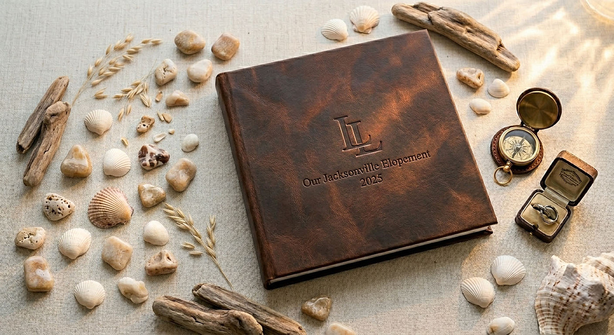 A luxury heirloom wedding album in dark brown distressed leather, embossed with 'Our Jacksonville Elopement 2025', surrounded by beach shells, driftwood, and vintage wedding rings in a flat-lay composition.