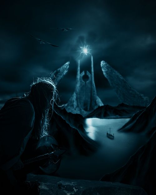 A dark teal scene of a viking woman looks out toward an ominous gate reminiscent of Mordor as viking boat sails toward it.