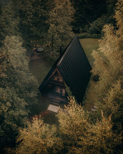 A-frame black cabin surrounded by forest and natural light