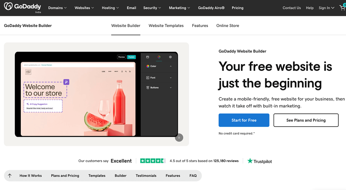 Página de inicio del creador de sitios web de GoDaddy