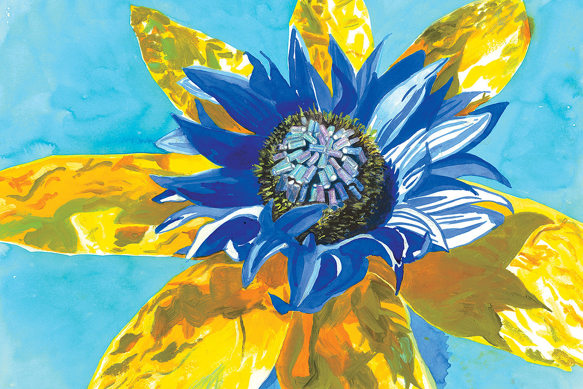 yellow sunflower painting on blue background