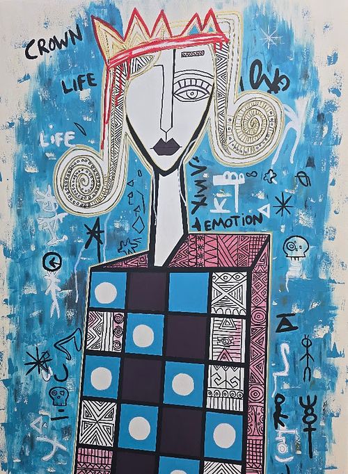 Abstract black and white Cubist painting by Lydia Peters titled Crowned Identity I, featuring a crowned figure with a single red accent of dripping blood.