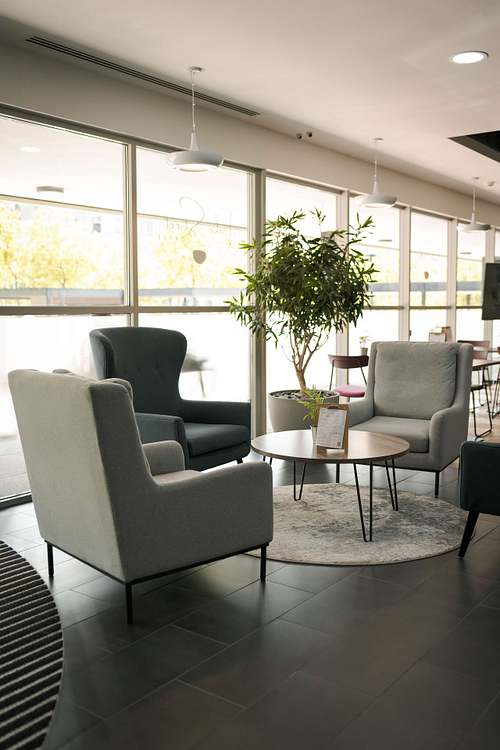 Modern café seating area with comfortable chairs, tables, and large windows letting in natural light