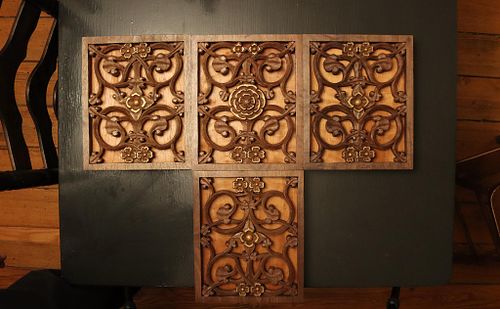 four highly carved panels for the walnut baptismal font ready for assembly