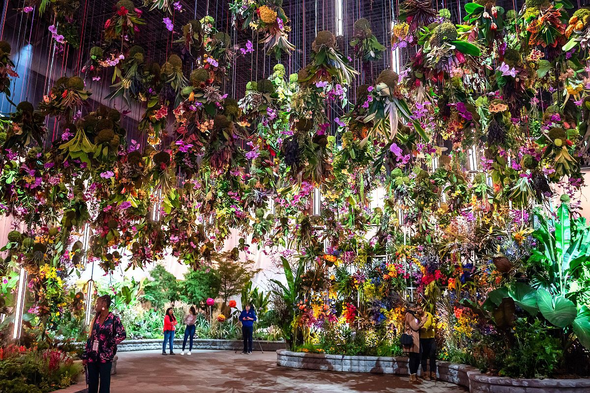 Event photography capturing a suspended floral canopy installation at the 2023 Philadelphia Flower Show, highlighting design, scale, and the immersive artistry of large-scale exhibitions.