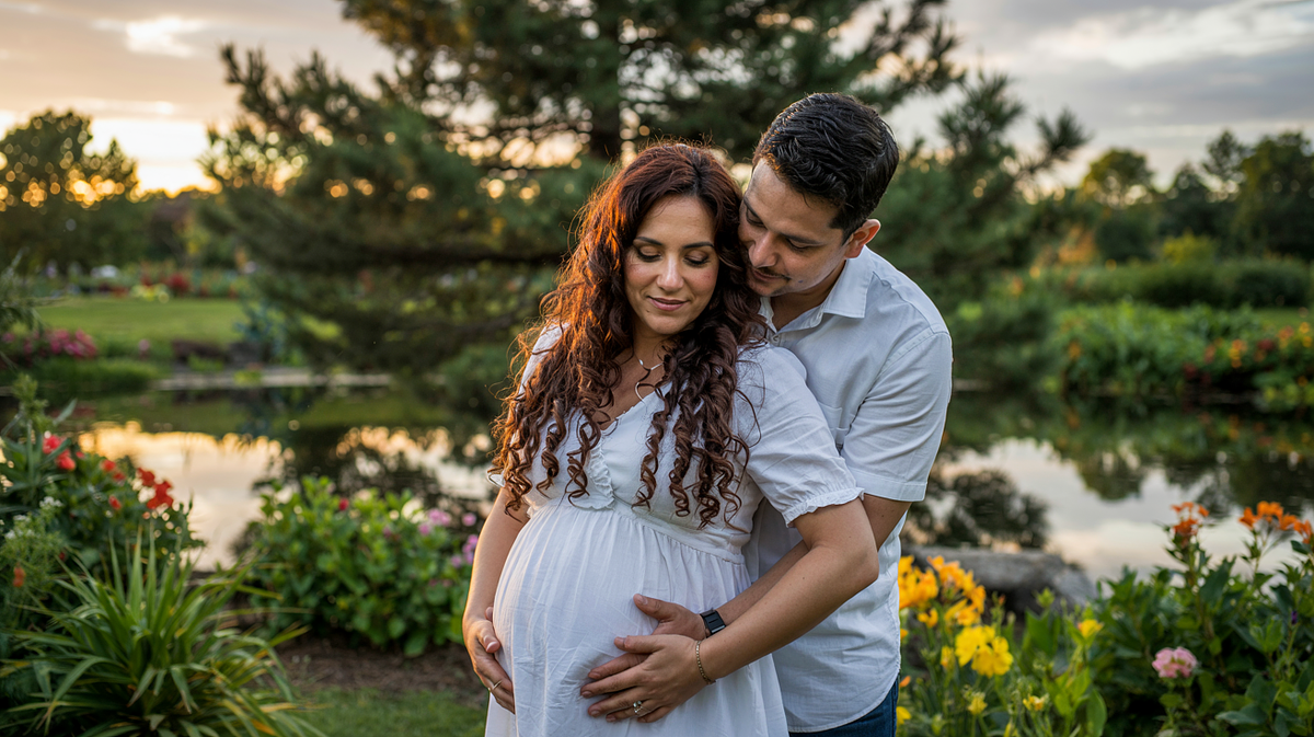 Pregnant woman posing in natural light with a flowing maternity gown.