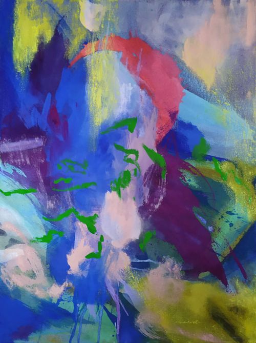 Cercle Rouge, peinture abstraite moyen format, peinture abstraite rouge, 60x73 cm, abstraction lyrique, expressionnisme abstrait, peinture abstraite contemporaine, rouge jaune vert, bleu cobalt, violet, rose, couleurs vives, acrylique, gouache, encre, oil stick, techniques mixtes sur toile, collection Espaces de Couleur, tableau abstrait pour salon, tableau original