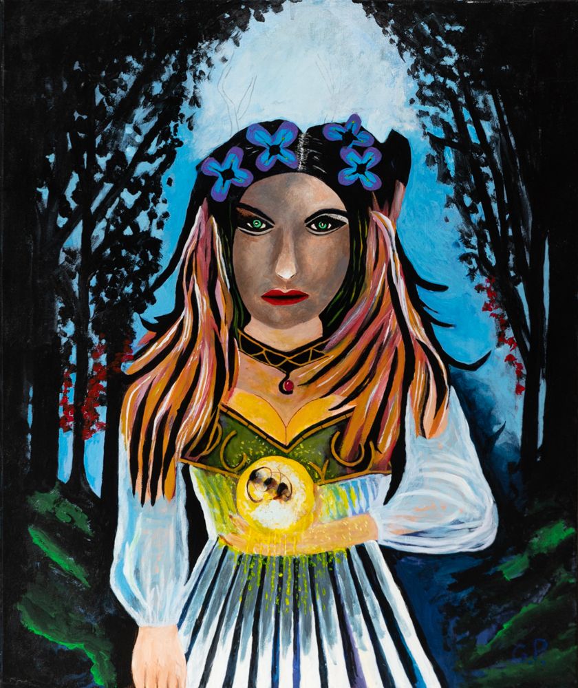 Femme en capuche bleue dans une forêt sombre aux fleurs bleues, par Patrice Goubeau