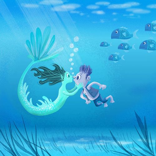 illustratie prentenboek van een zeemeermin die een jongen kust onder water