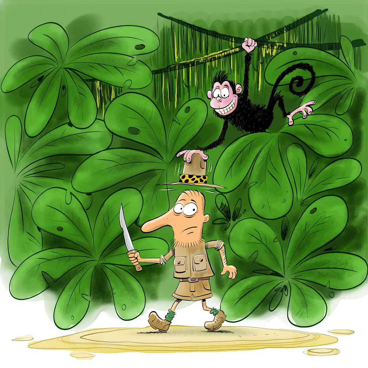 cartoon met een ontdekkingsreiziger die in de jungle loopt. Een aap neemt zijn hoed weg.