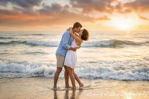 A couple sharing a romantic kiss on Jacksonville Beach during a sunset engagement session by Legacy of Love Photography.
